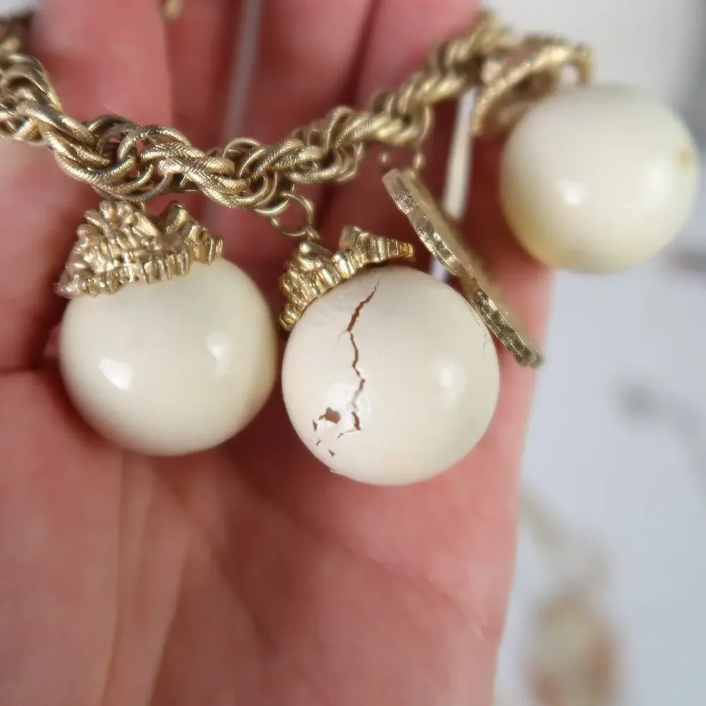 Vintage 80s Gold Chain Cream Circle Bobble Charms Chunky Bracelet